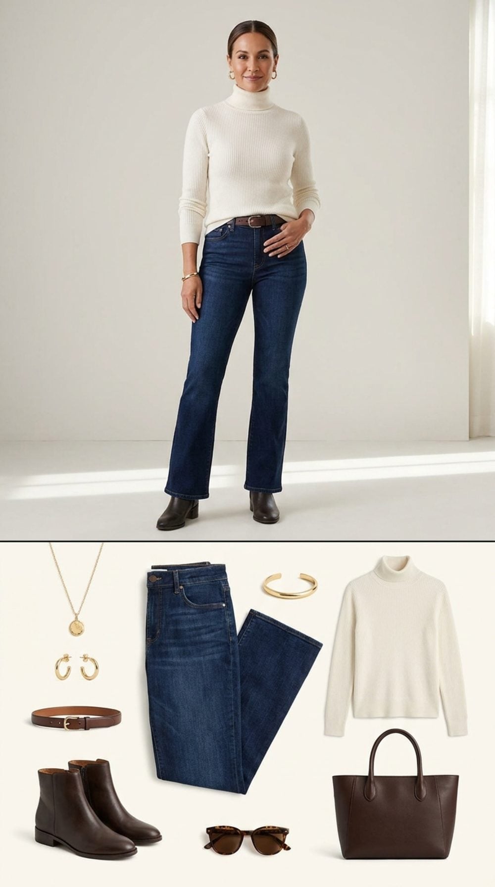 Cream Ribbed Turtleneck and Dark Bootcut Denim That Actually Work Together