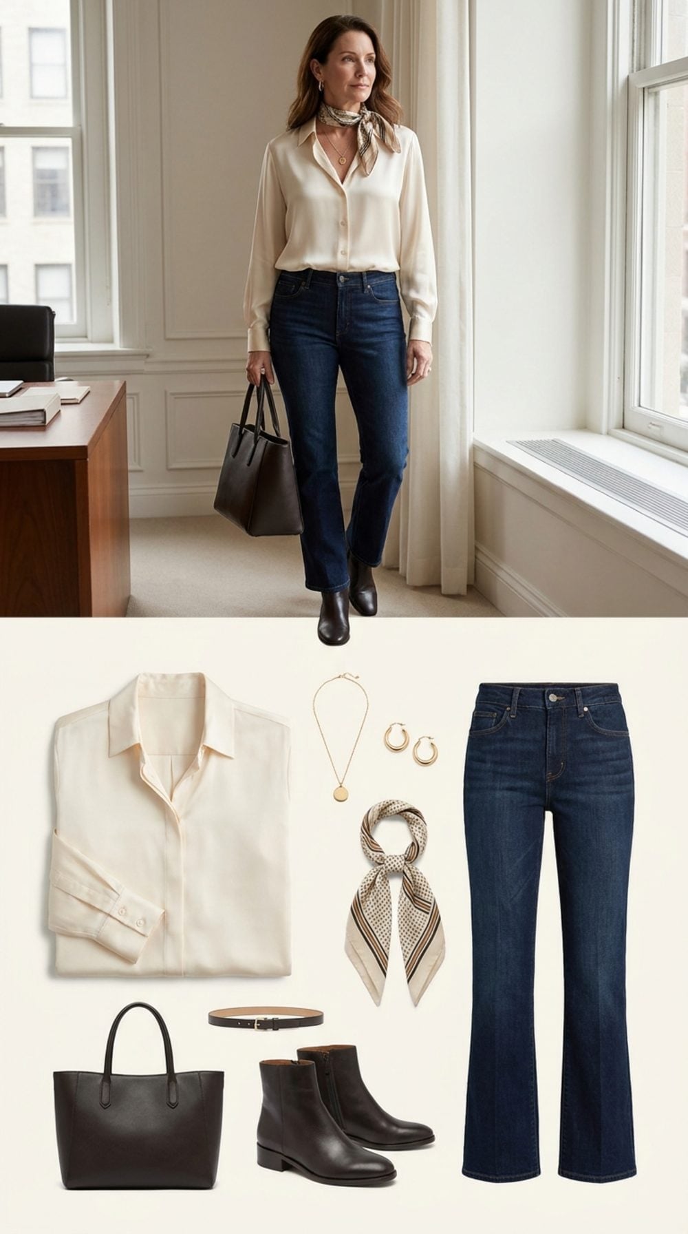 Cream Silk Blouse and a Neck Scarf Give Bootcut Jeans Quiet Authority