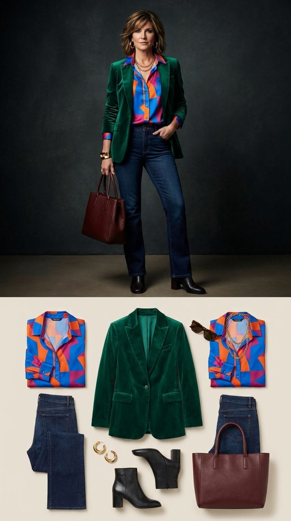 Green Velvet Blazer and a Bold Print Shirt Make Bootcut Jeans Look Intentionally Dressed Up