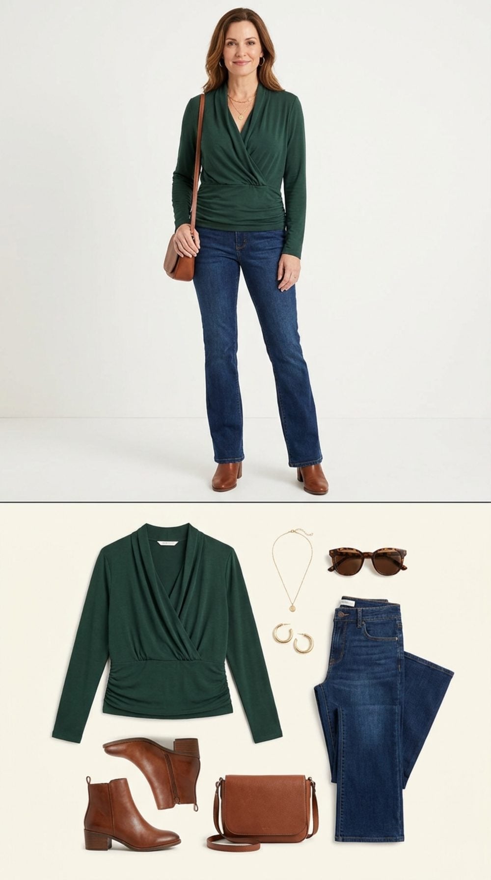 Green Wrap Top and Bootcut Jeans Prove Fall Color Has a Slimming Shortcut