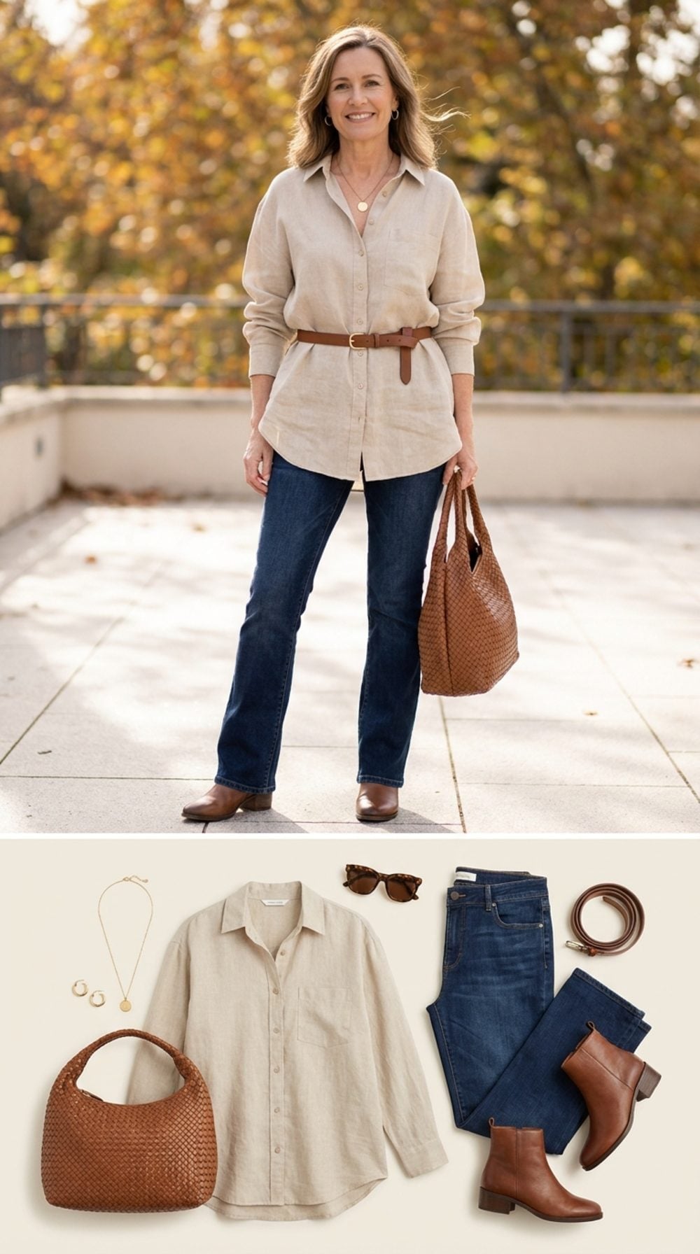 Linen Shirt and Woven Tote Make Bootcut Jeans Look Like They Were the Plan All Along