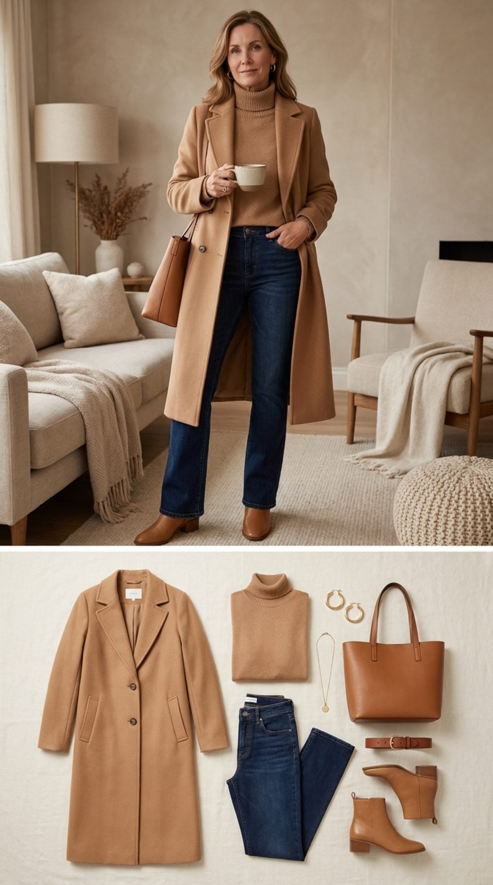 Longline Camel Coat and Dark Bootcut Jeans Nail the Tonal Dressing Formula