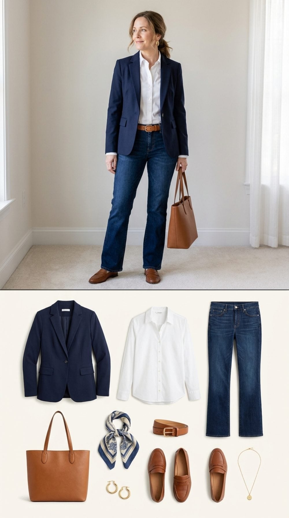 Navy Blazer and Brown Loafers Lock Bootcut Jeans Into Their Most Polished Proportion
