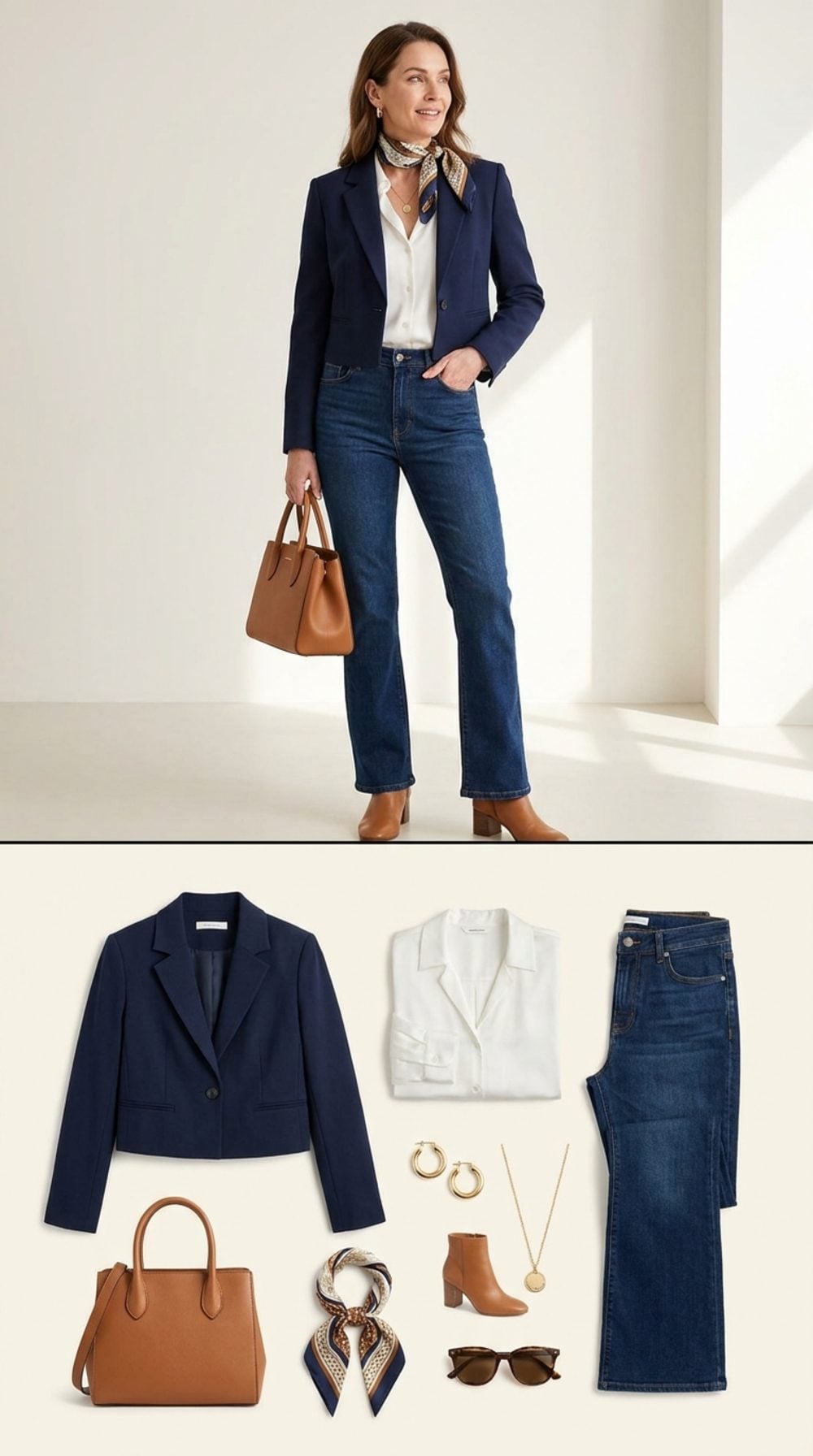 Navy Blazer and Silk Scarf Prove Bootcut Jeans Have Their Own Proportion Logic