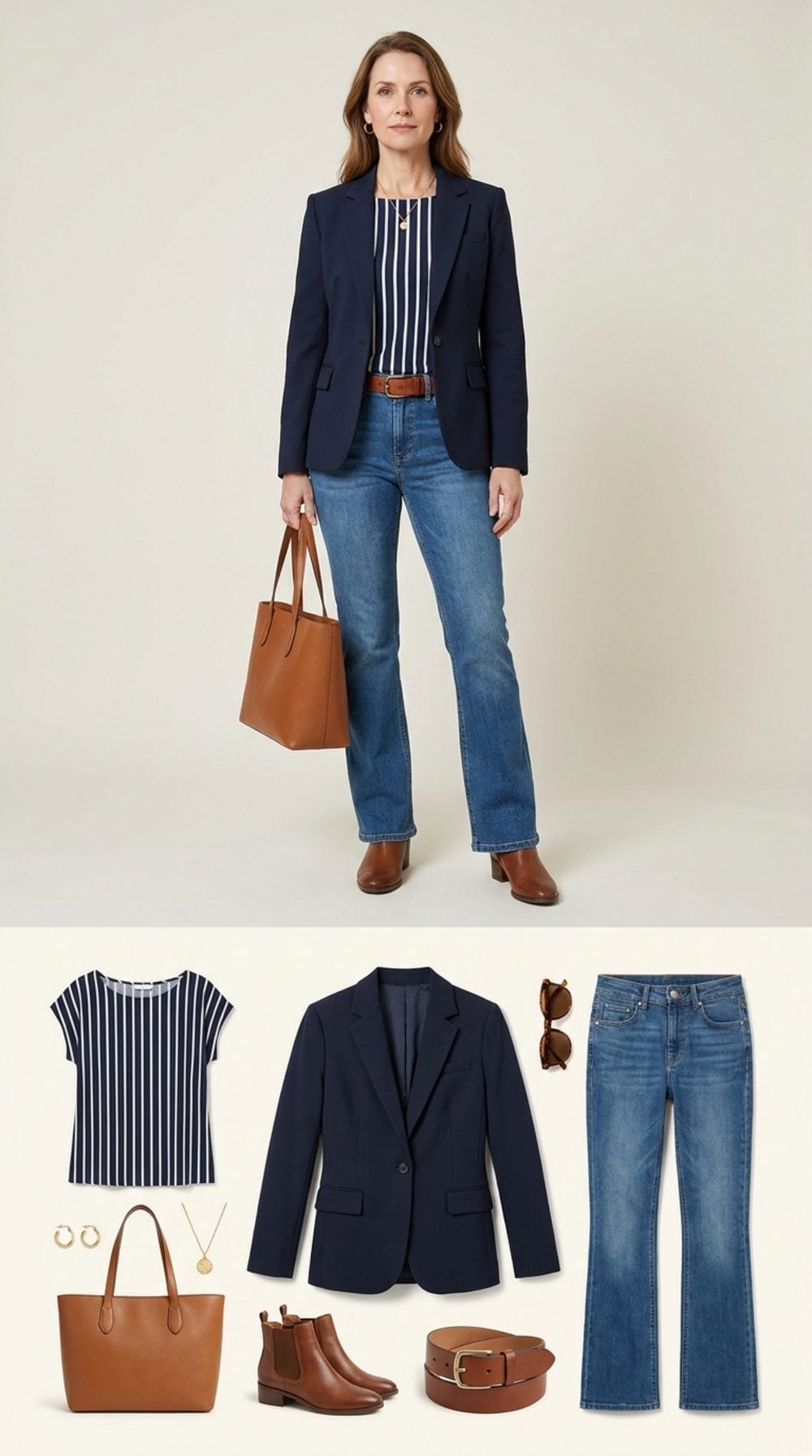 Navy Blazer and Striped Tee Give Bootcut Jeans a Polished Casual Authority