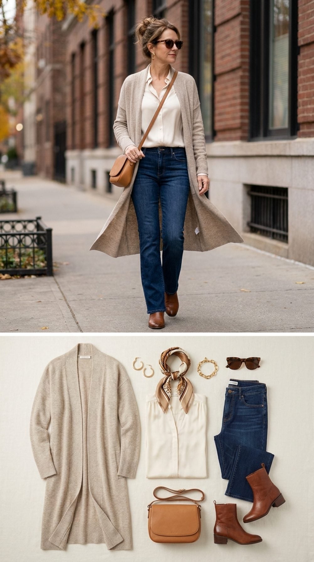 Oatmeal Longline Cardigan and Dark Bootcut Jeans Nail the Fall Uniform