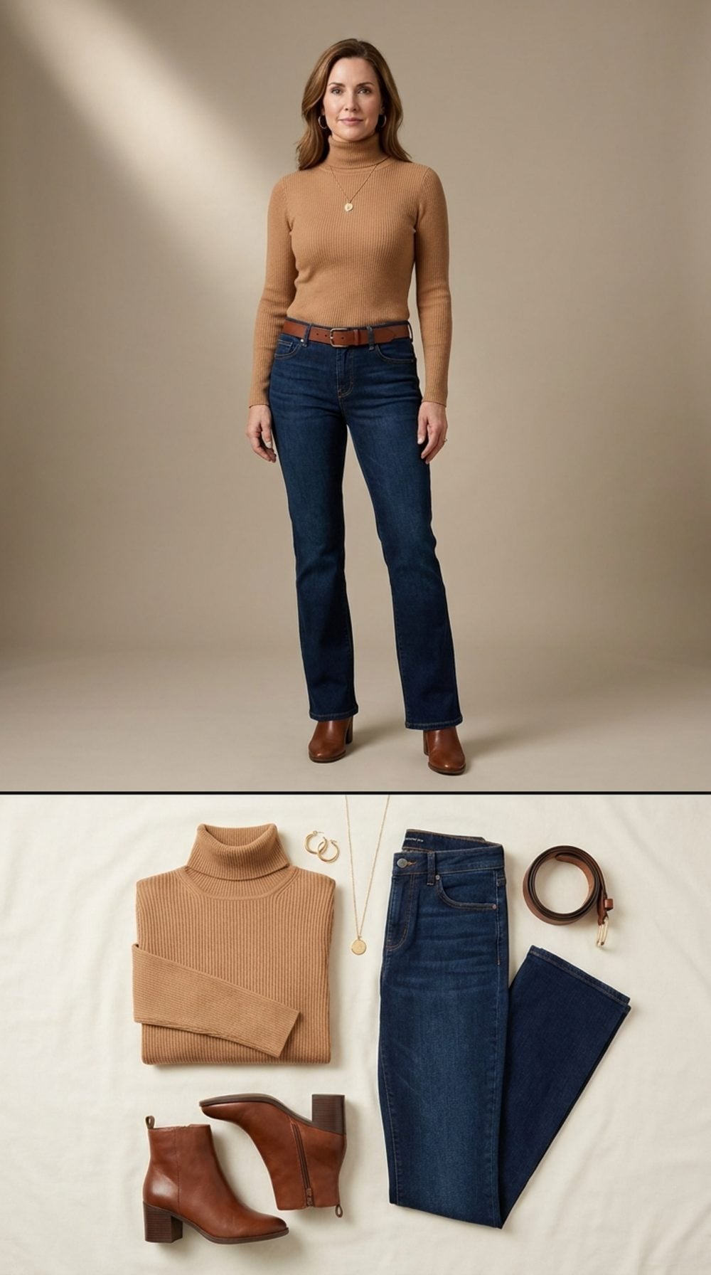 Ribbed Turtleneck and Bootcut Jeans Nail the One Tonal Formula Worth Repeating