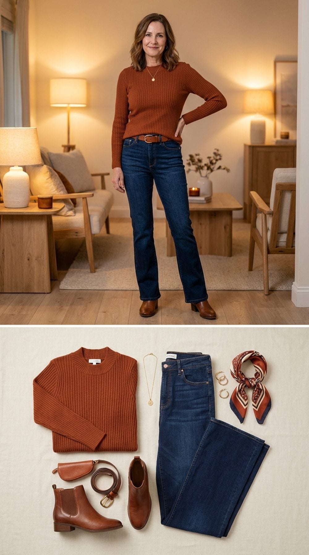 Rust Ribbed Knit and Dark Bootcut Jeans That Make Fall Dressing Look Easy