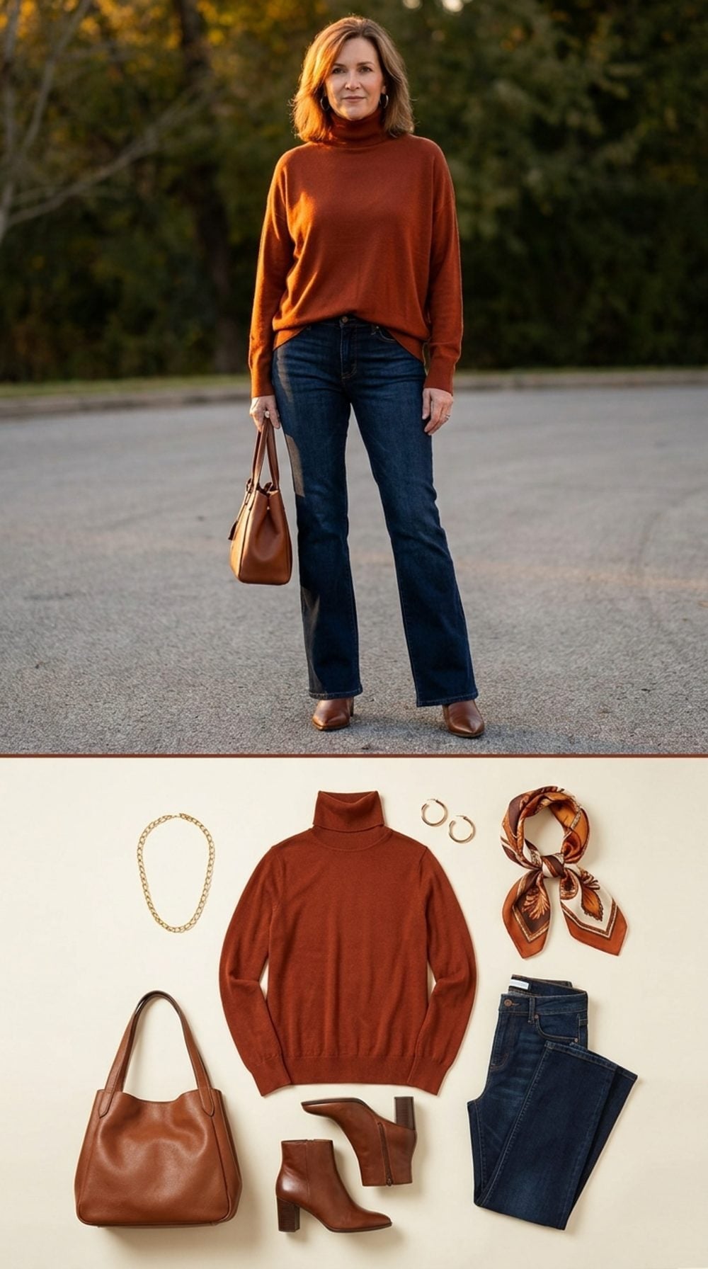 Rust Turtleneck and Dark Bootcut Jeans Prove Fall Dressing Has a Formula