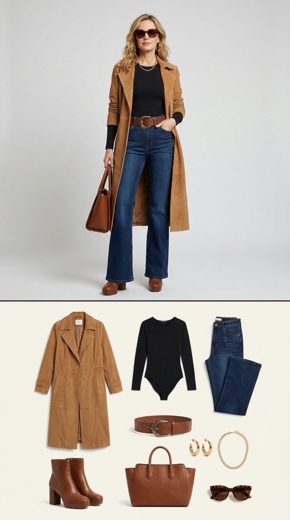 Suede Duster Coat and Dark Bootcut Jeans Make a Case for Head-to-Toe Brown