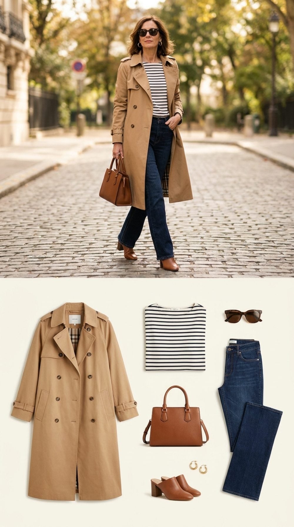 Trench Coat and Striped Tee Give Bootcut Jeans the Most Copied Parisian Formula