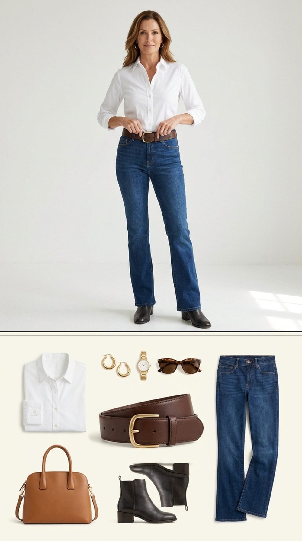 White Shirt and Brown Belt Give Bootcut Jeans Their Sharpest Proportion