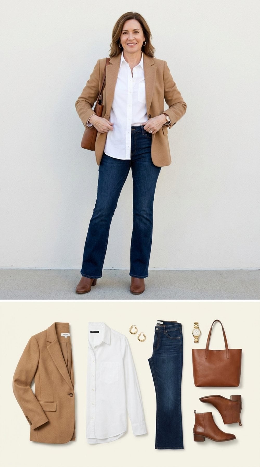 White Shirt and Camel Blazer Prove Bootcut Jeans Have a Polish Setting