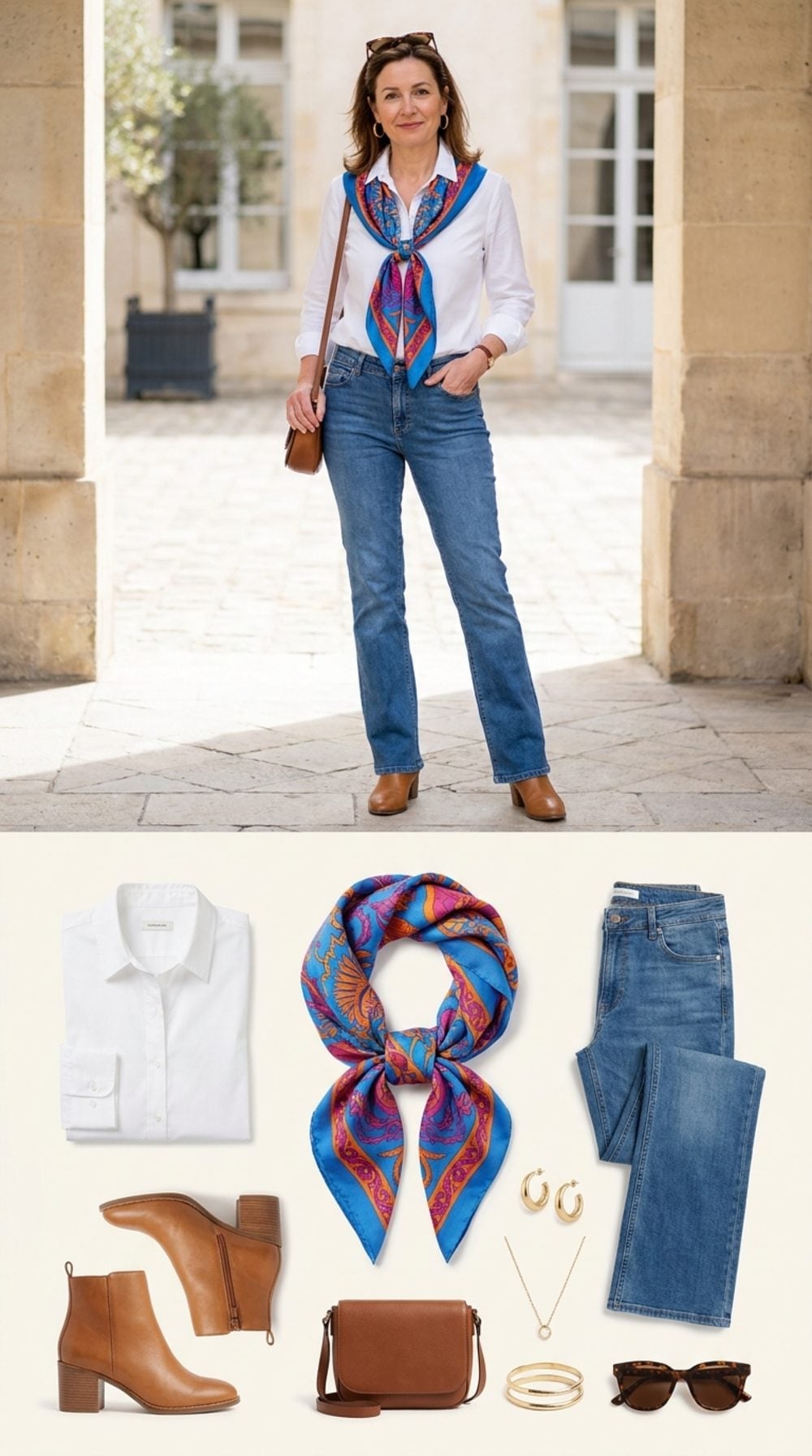 White Shirt and Silk Scarf Give Bootcut Jeans a Parisian Proportion