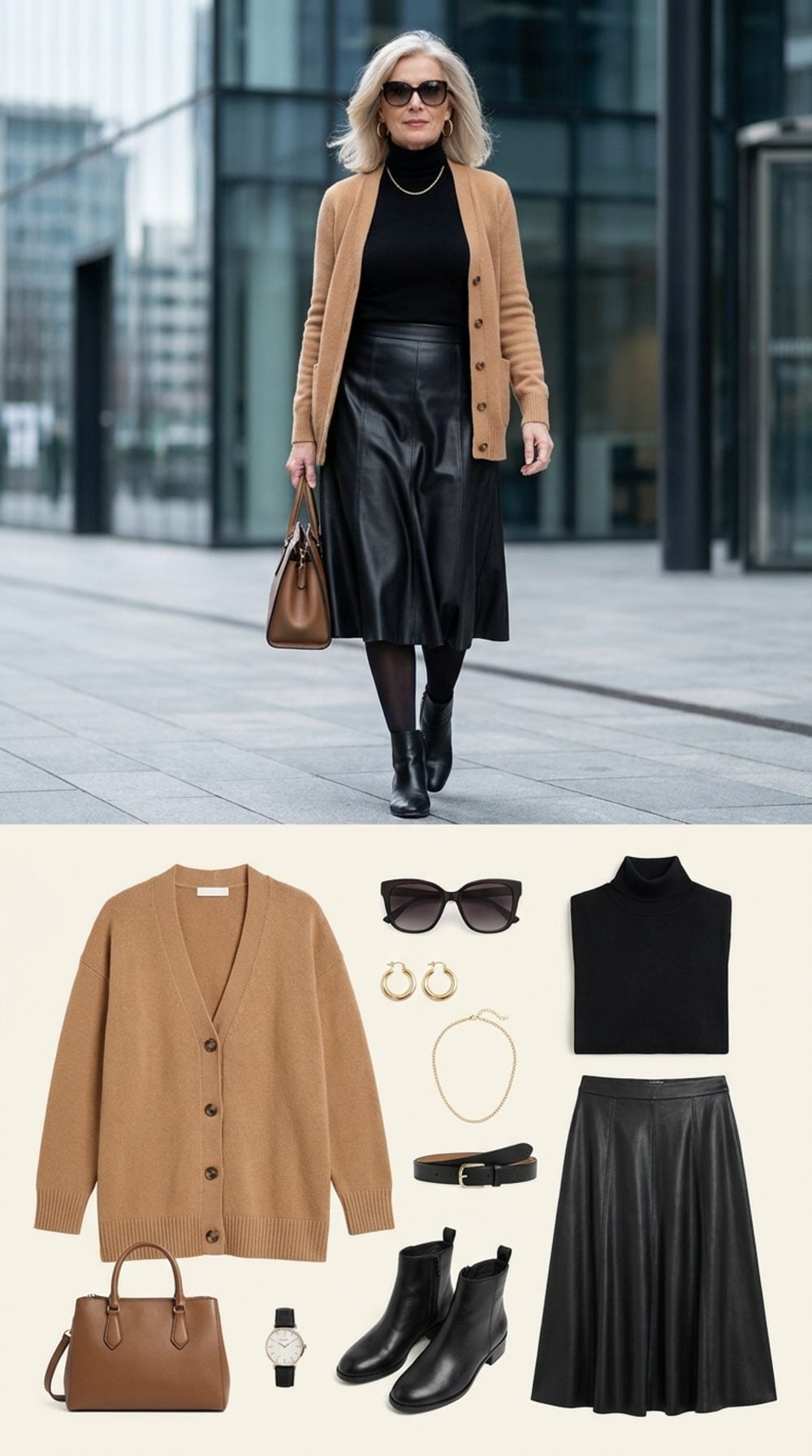 Black Leather Midi Skirt Gives a Camel Cardigan Its Sharpest Possible Partner