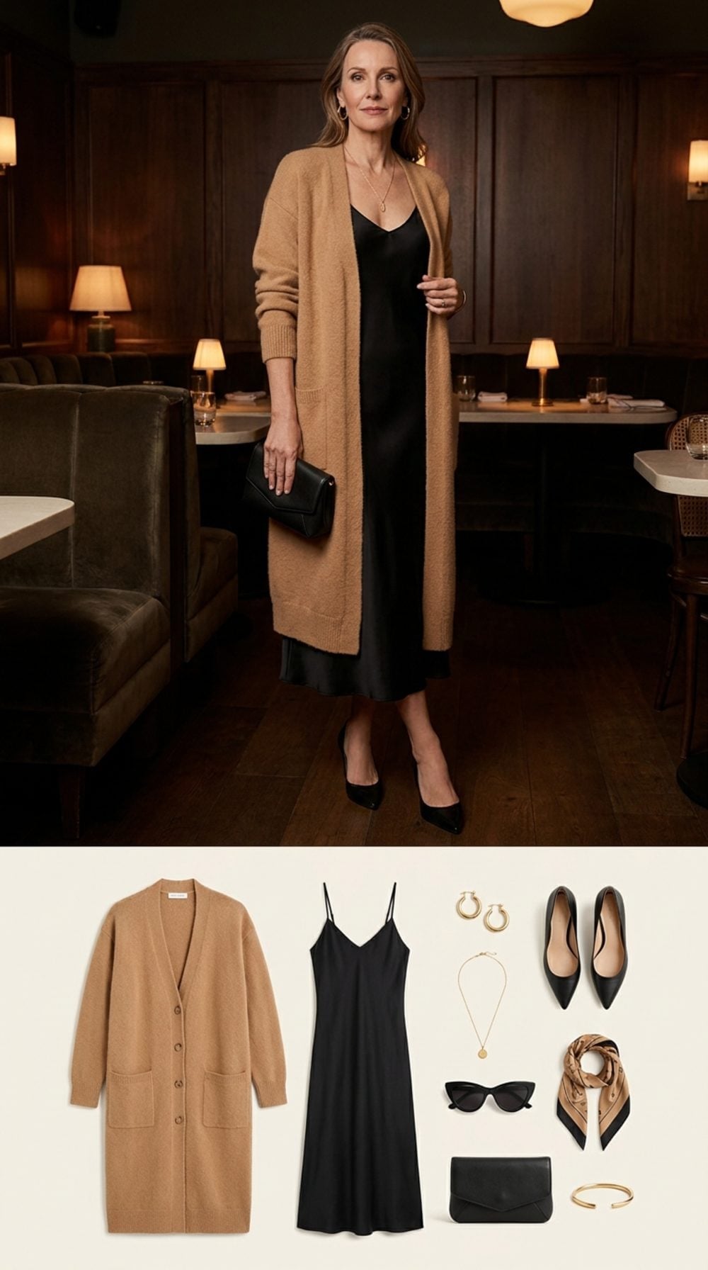 Black Slip Dress Under a Camel Cardigan Is a Smarter Evening Formula Than You'd Think