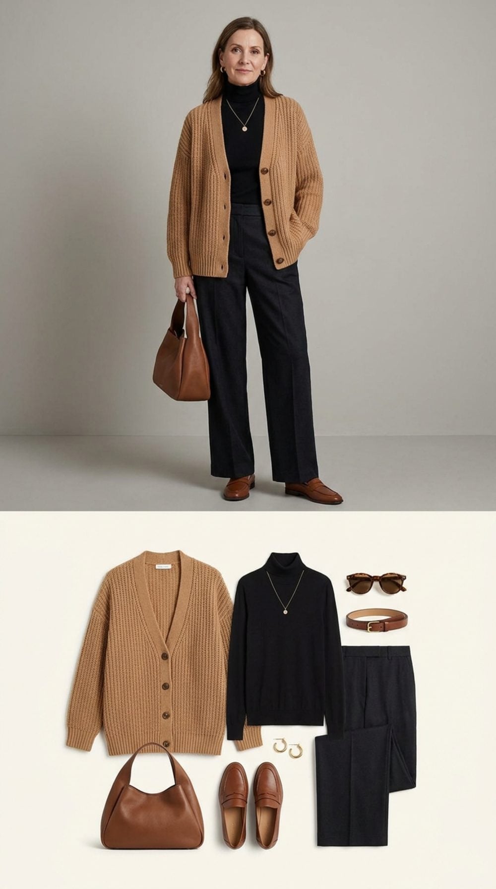 Camel and Black Done Right: Wide-Leg Trousers Finish What the Turtleneck Starts