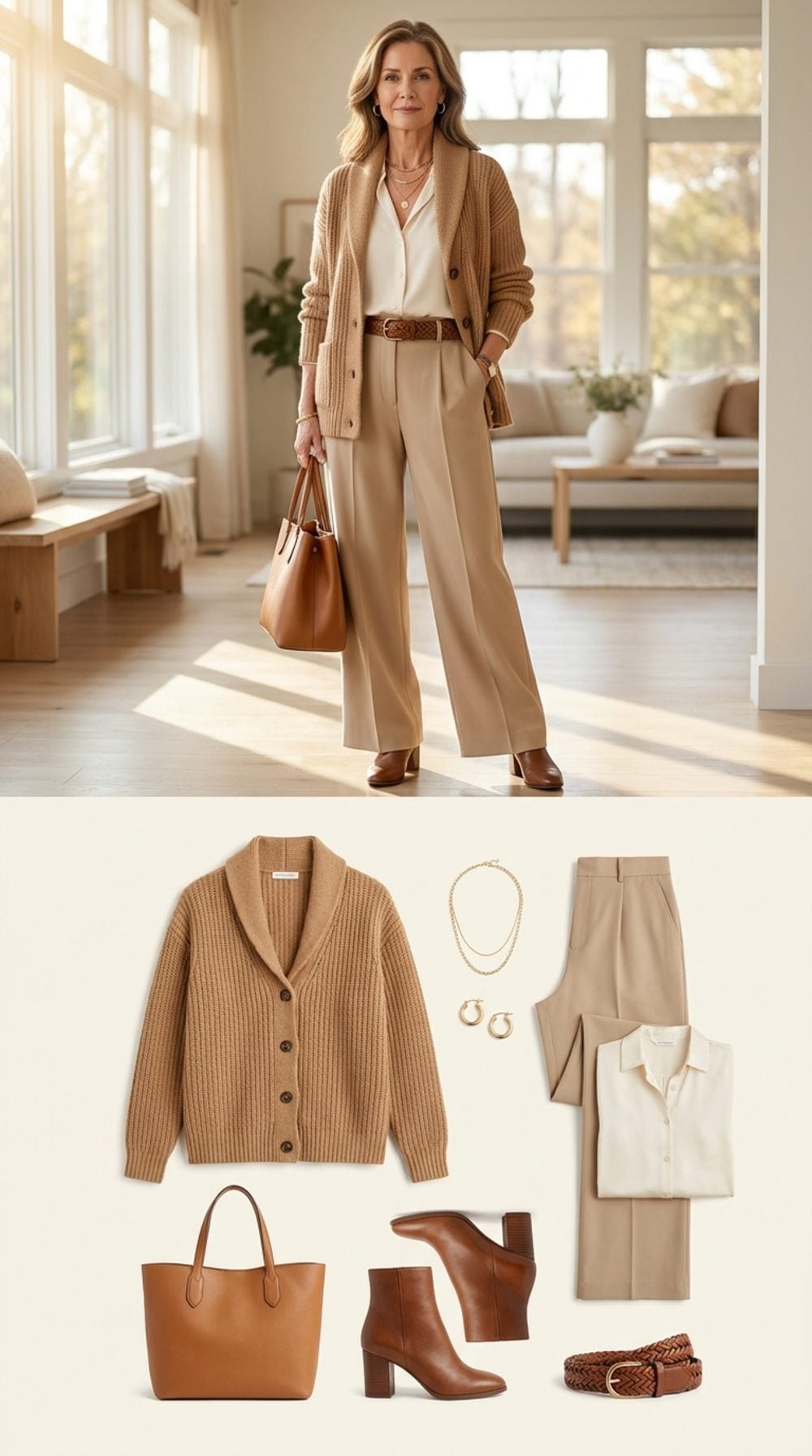 Camel Cardigan Styled Into a Full Tonal Look That Actually Has Structure