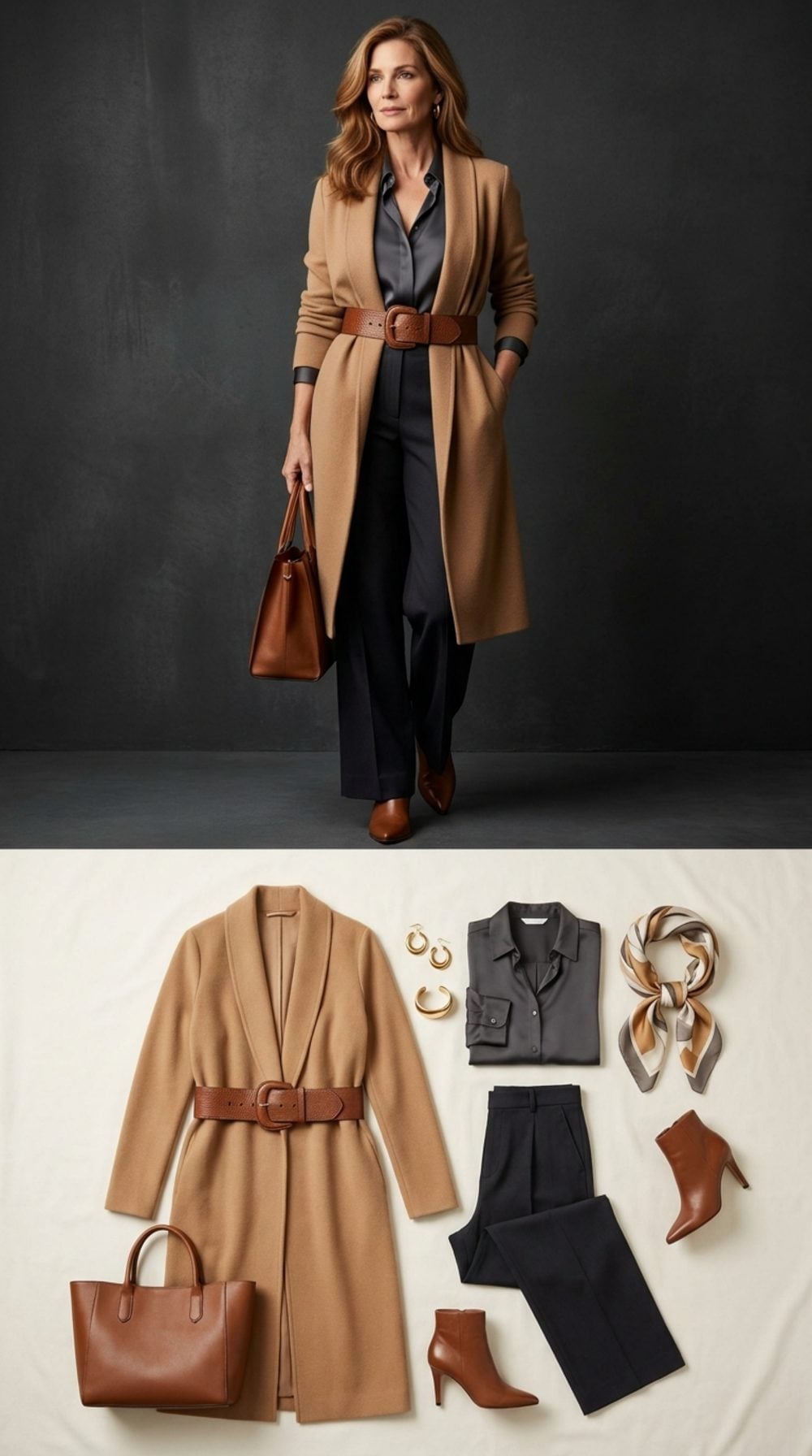 Camel Coat Belted Over Black Is the Power Dressing Formula Women Over 50 Keep Reaching For