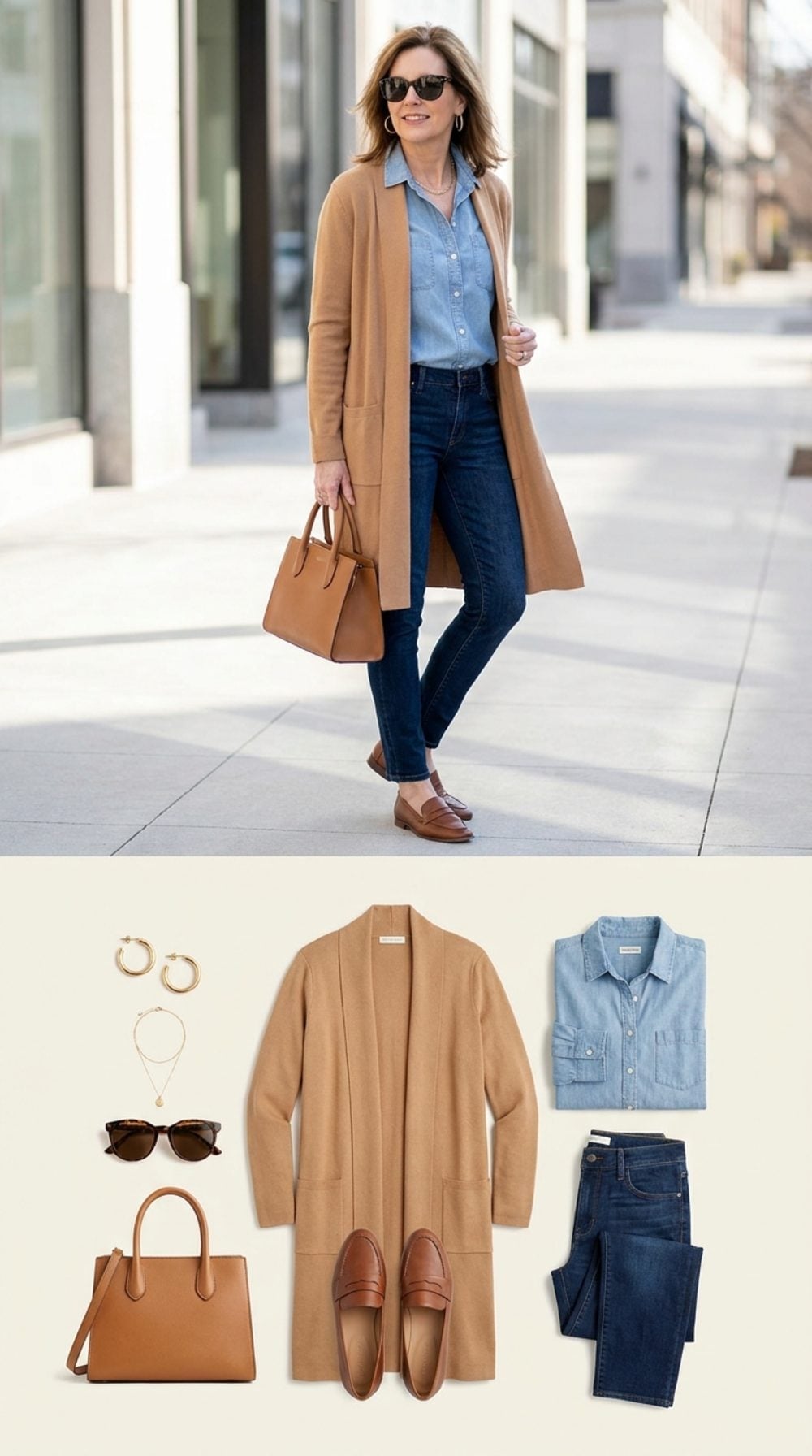 Chambray Under Camel Is the Denim-on-Denim Trick That Actually Flatters