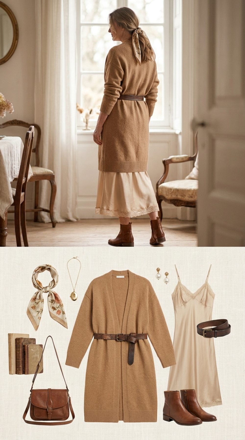 Cream Slip Dress Under Camel Is the Tonal Layering Formula Worth Stealing