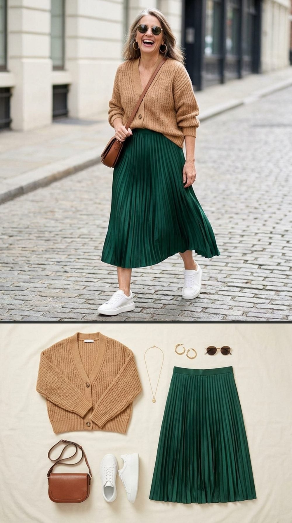 Forest Green Pleated Satin and Sneakers Just Made the Camel Cardigan Its Best Friend