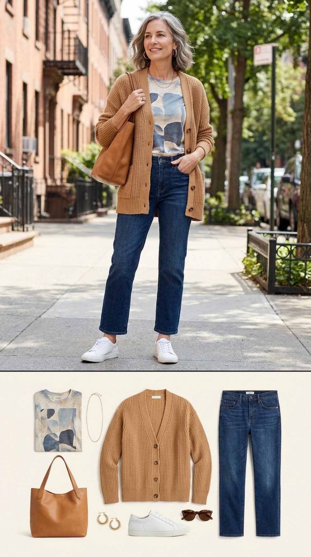 Graphic Tee Under a Camel Cardigan Is the Casual Formula That Actually Has Range
