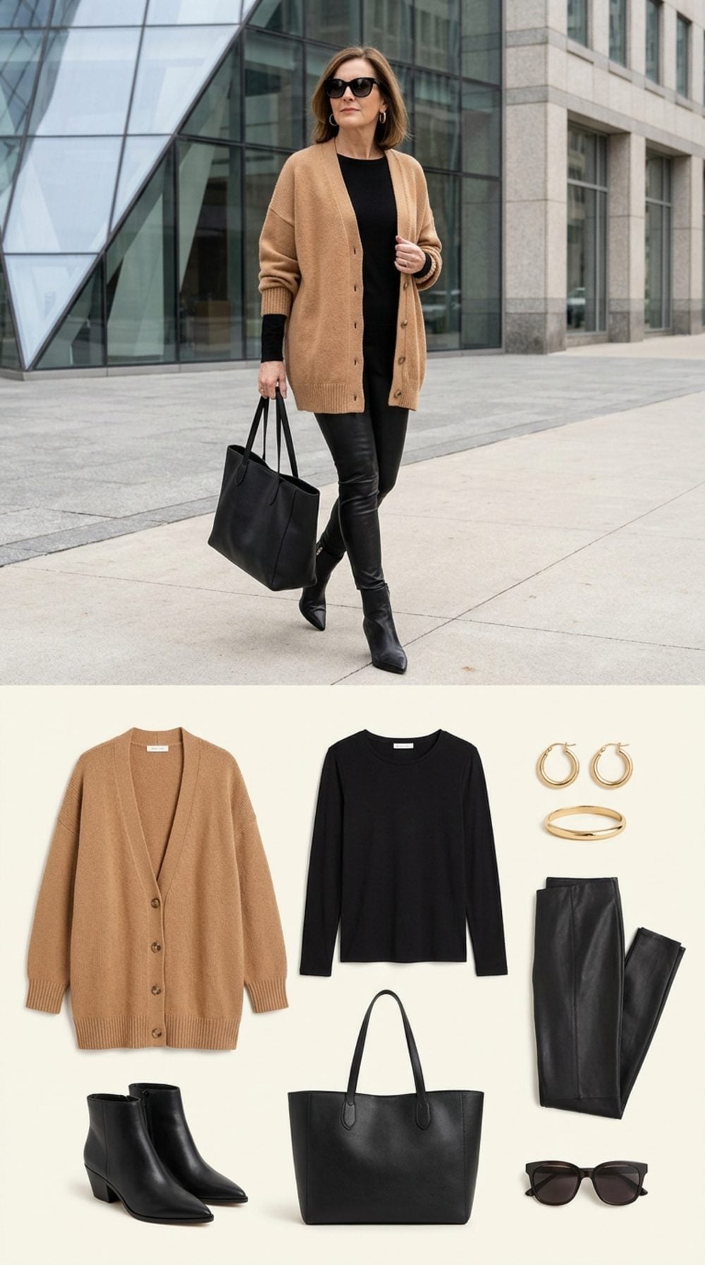 Leather Leggings and Gold Hoops Just Made the Camel Cardigan Look Intentional