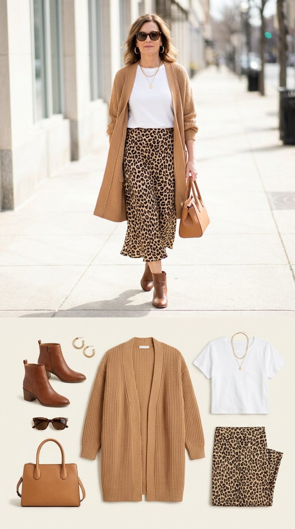 Leopard Print Midi Skirt Proves Camel Cardigan Has an Adventurous Side