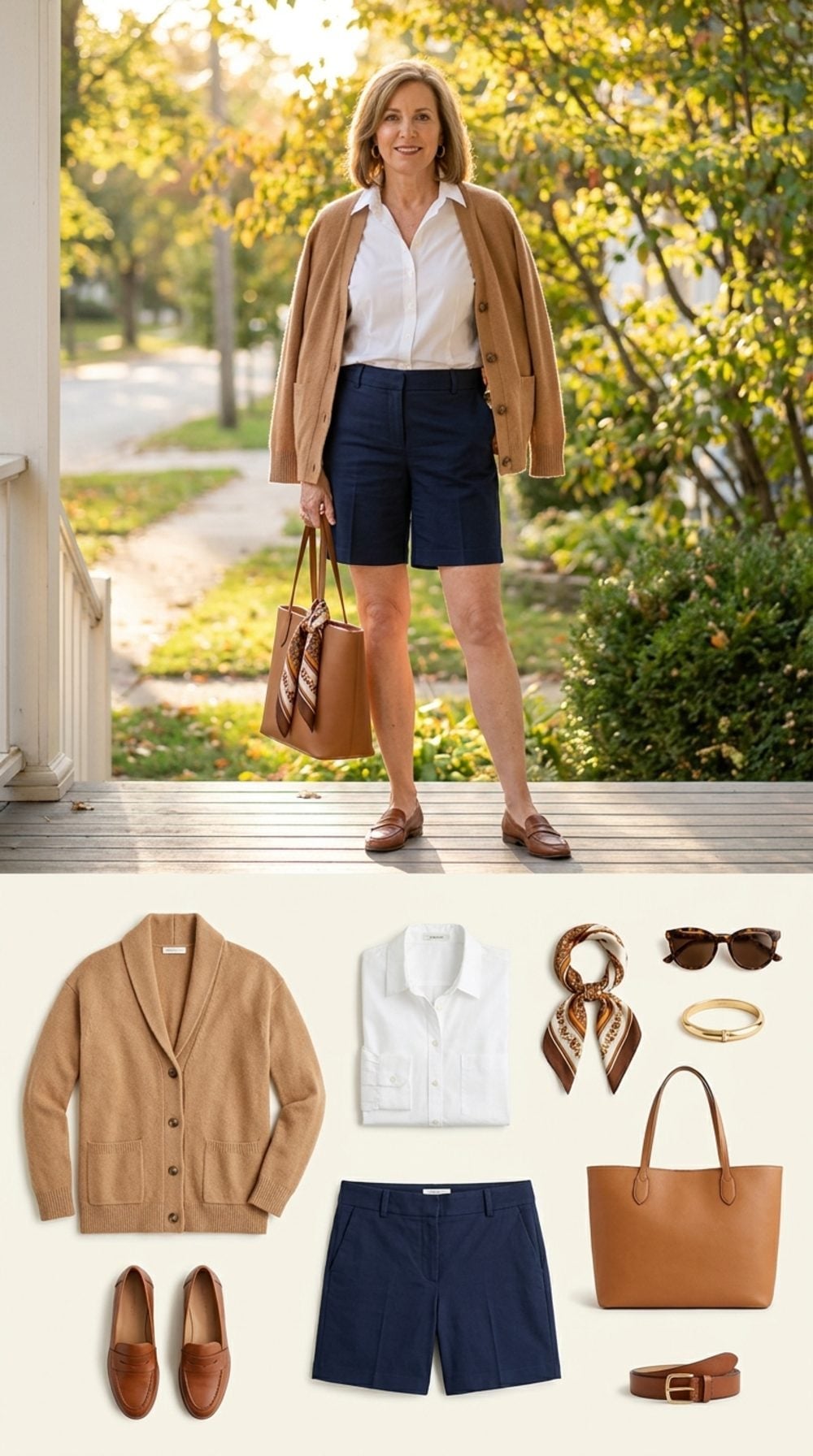 Navy Bermuda Shorts Prove a Camel Cardigan Doesn't Need to Wait for Cooler Weather