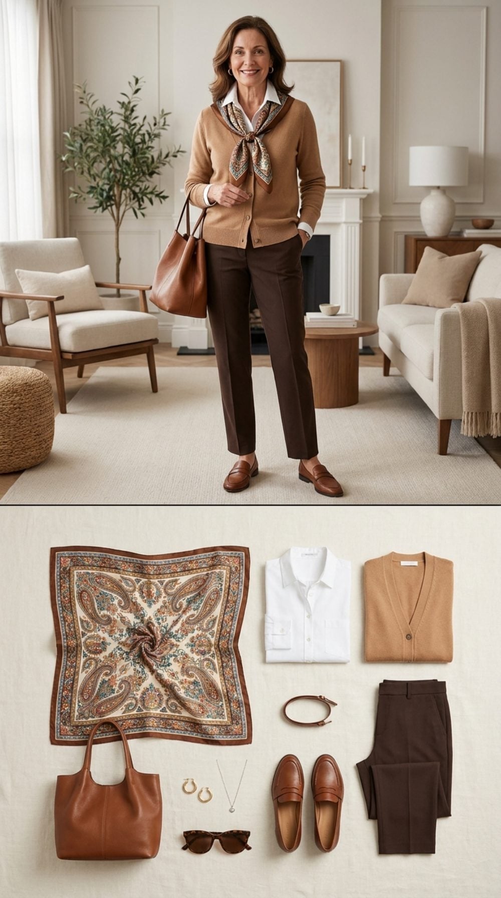 Paisley Scarf Knotted at the Collar Is What Makes This Camel Cardigan Feel Finished