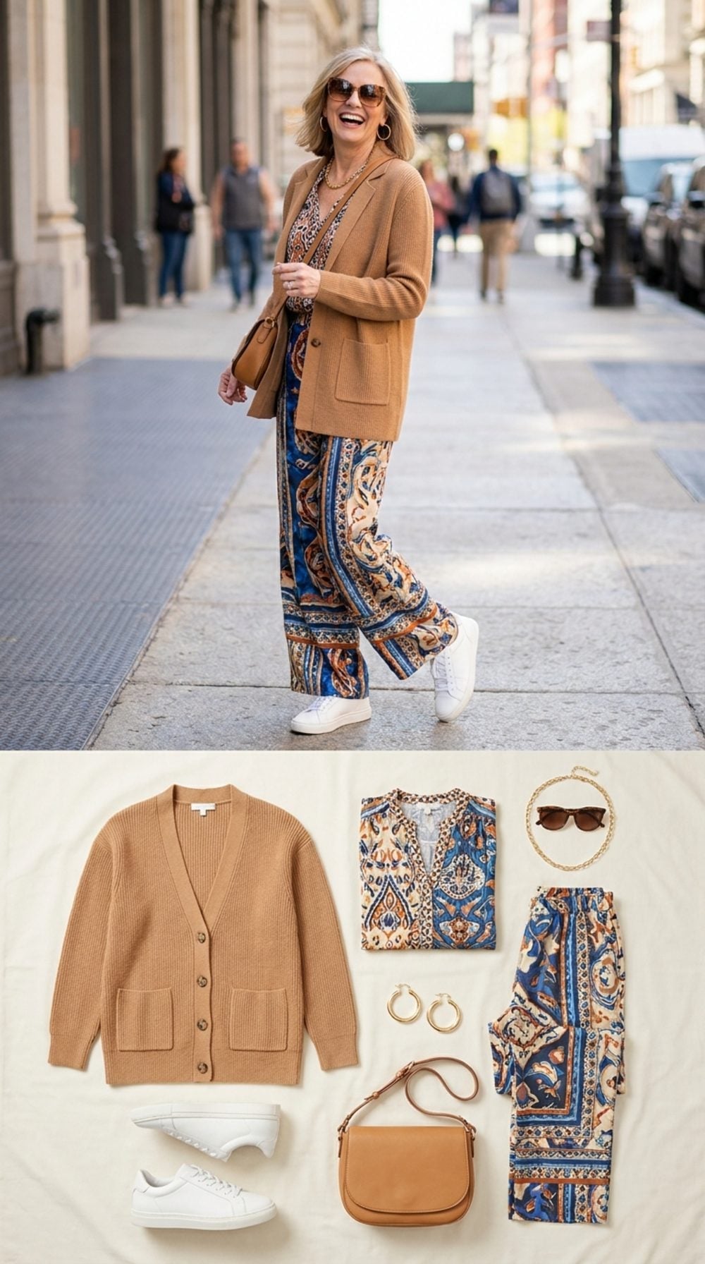 Paisley Wide-Leg Trousers Give a Camel Cardigan More Range Than Expected