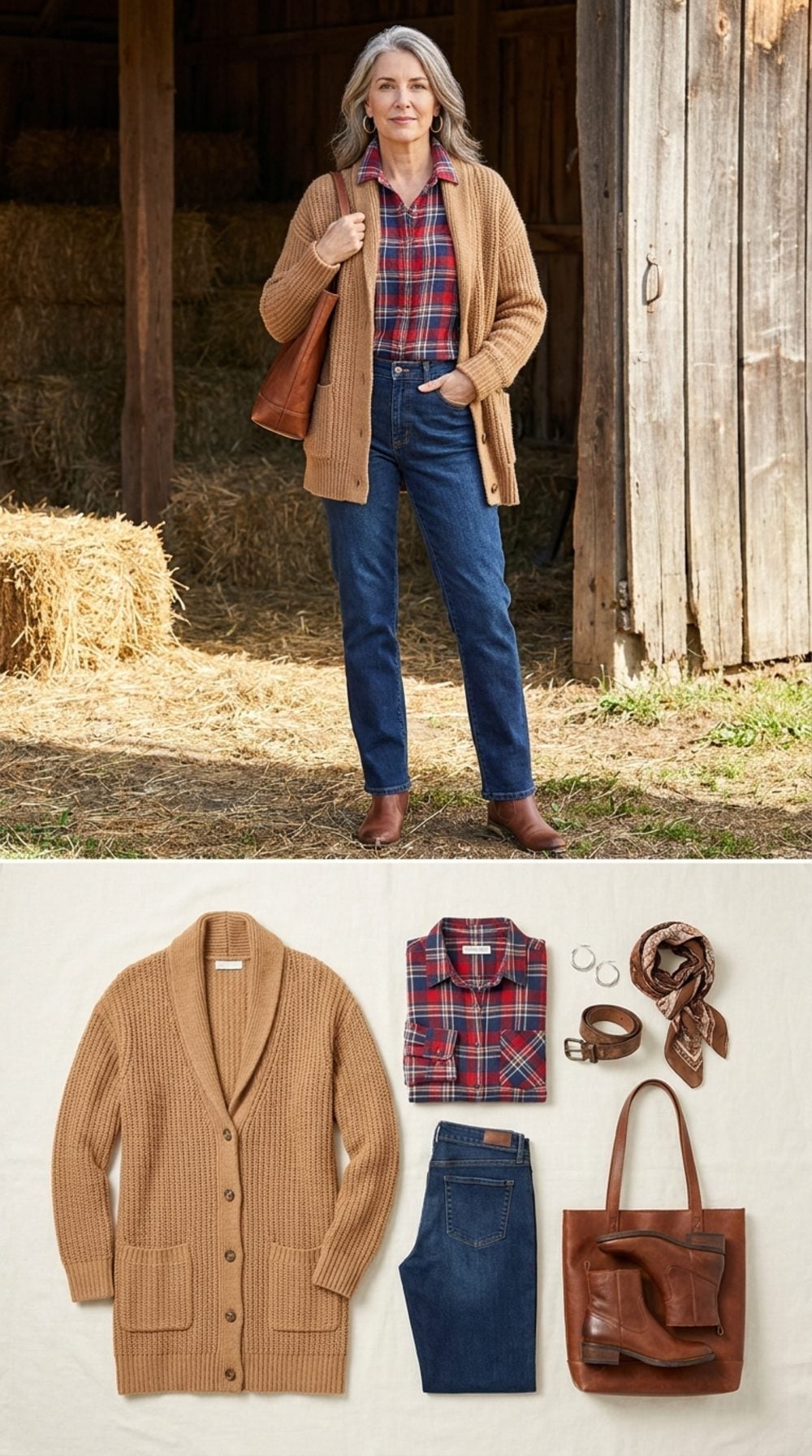 Plaid Flannel Under Camel Is the Rural-Chic Formula That Earns Its Keep