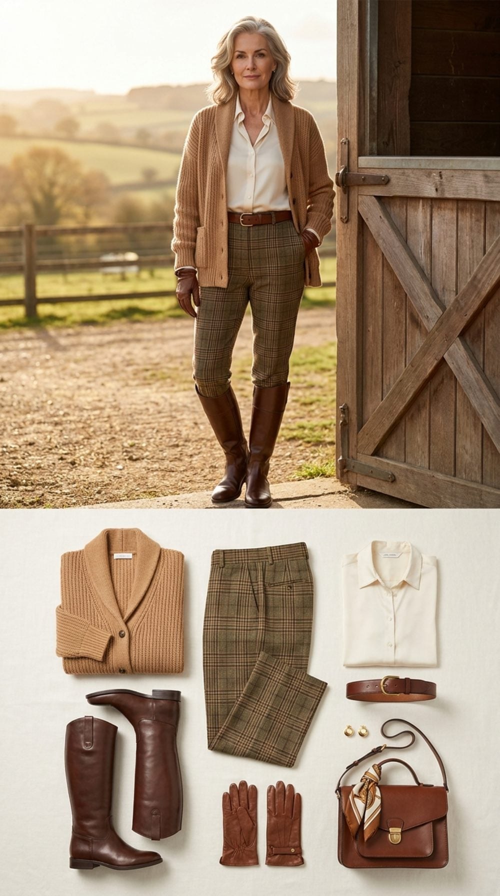 Plaid Trousers and Riding Boots Make a Camel Cardigan Look Intentional, Not Casual