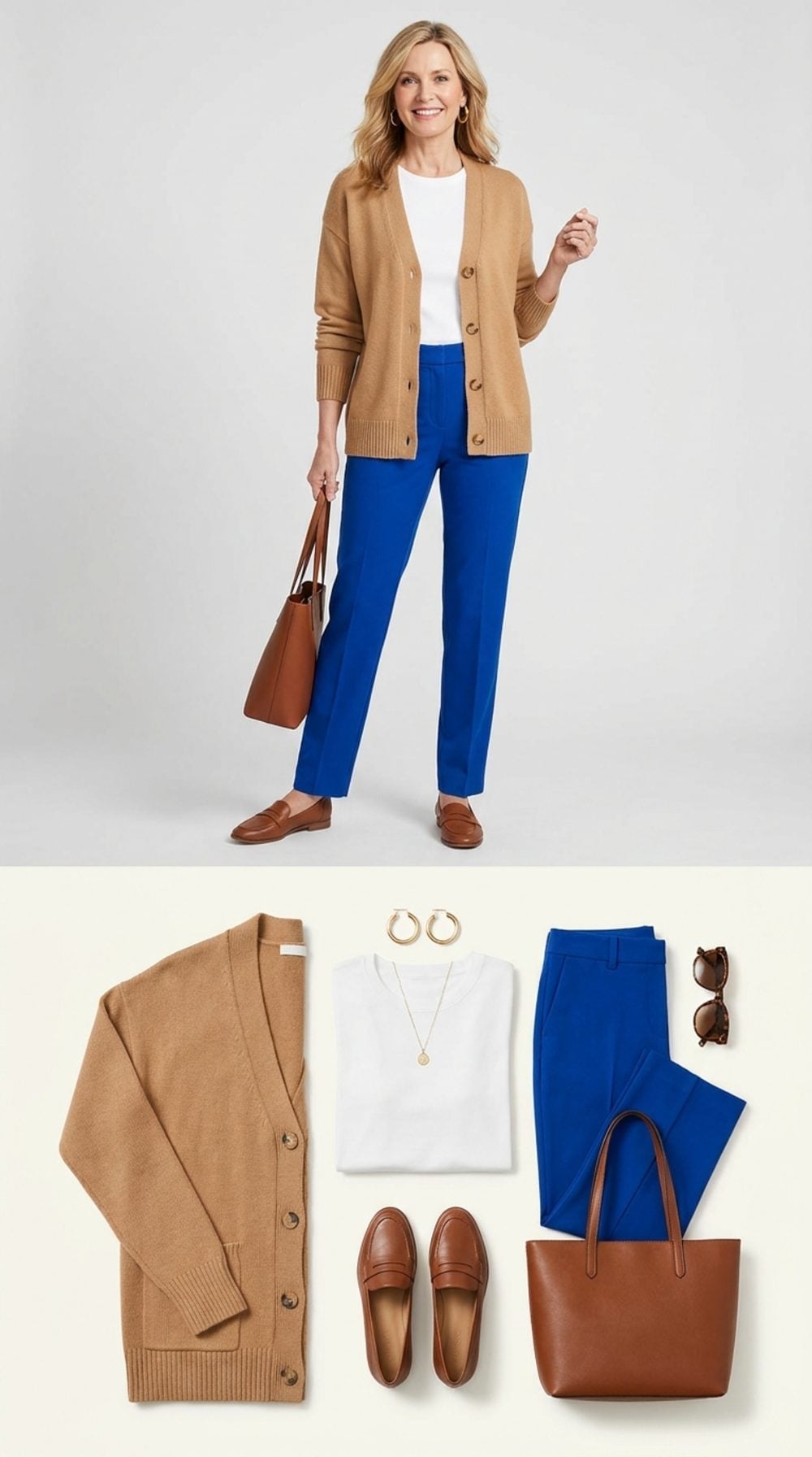 Royal Blue Trousers Give a Camel Cardigan the Color Contrast It Actually Needs