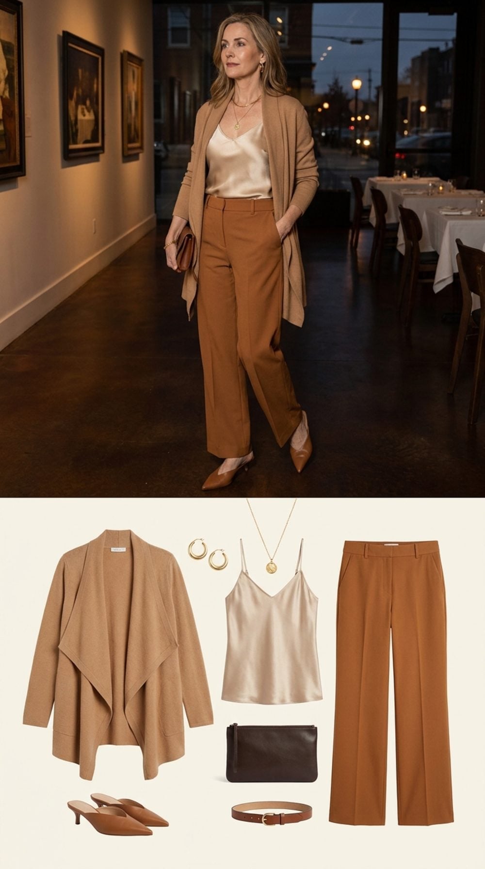 Rust Wide-Leg Trousers Are the Partner a Camel Cardigan Actually Deserves