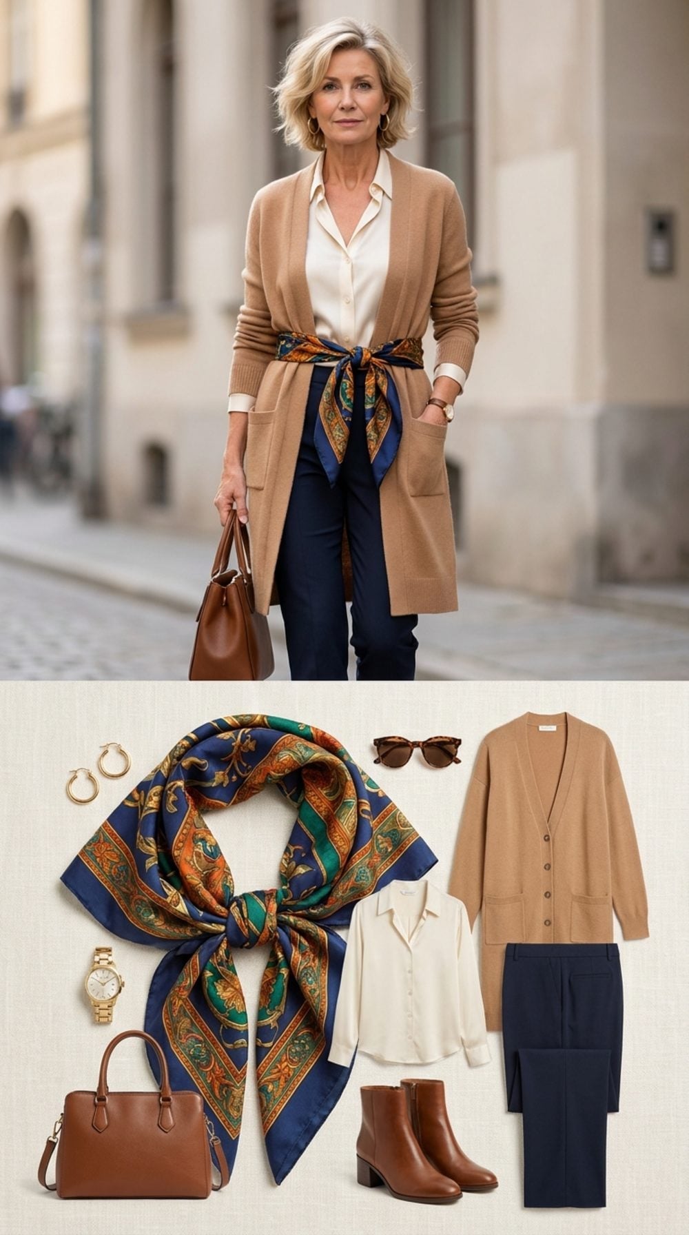 Silk Scarf as Belt Is the Styling Trick a Camel Cardigan Has Been Waiting For