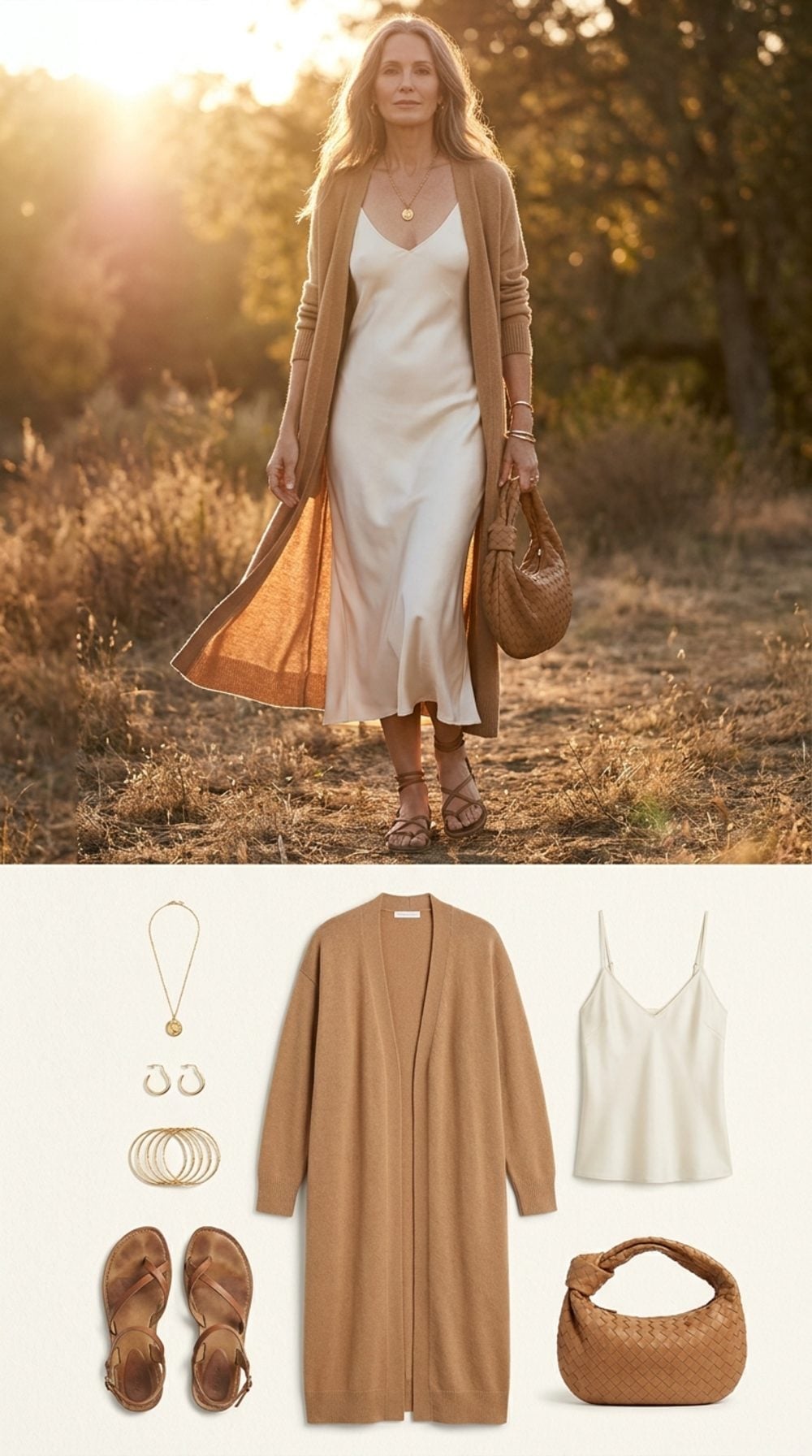Silk Slip Dress Under a Camel Cardigan Is the Fall Layering Formula Worth Stealing