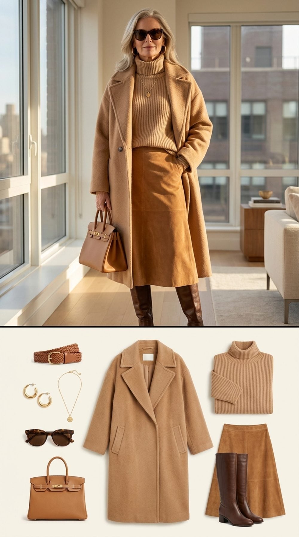 Suede Midi Skirt and Knee Boots Make Camel Look Like a Considered Choice