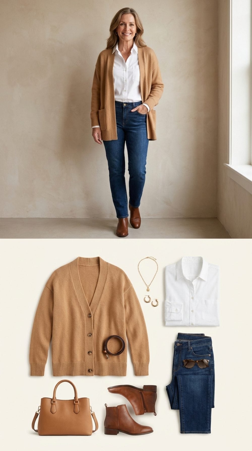 White Shirt Under Camel Cardigan Is the Casual-Classic Formula That Holds Up
