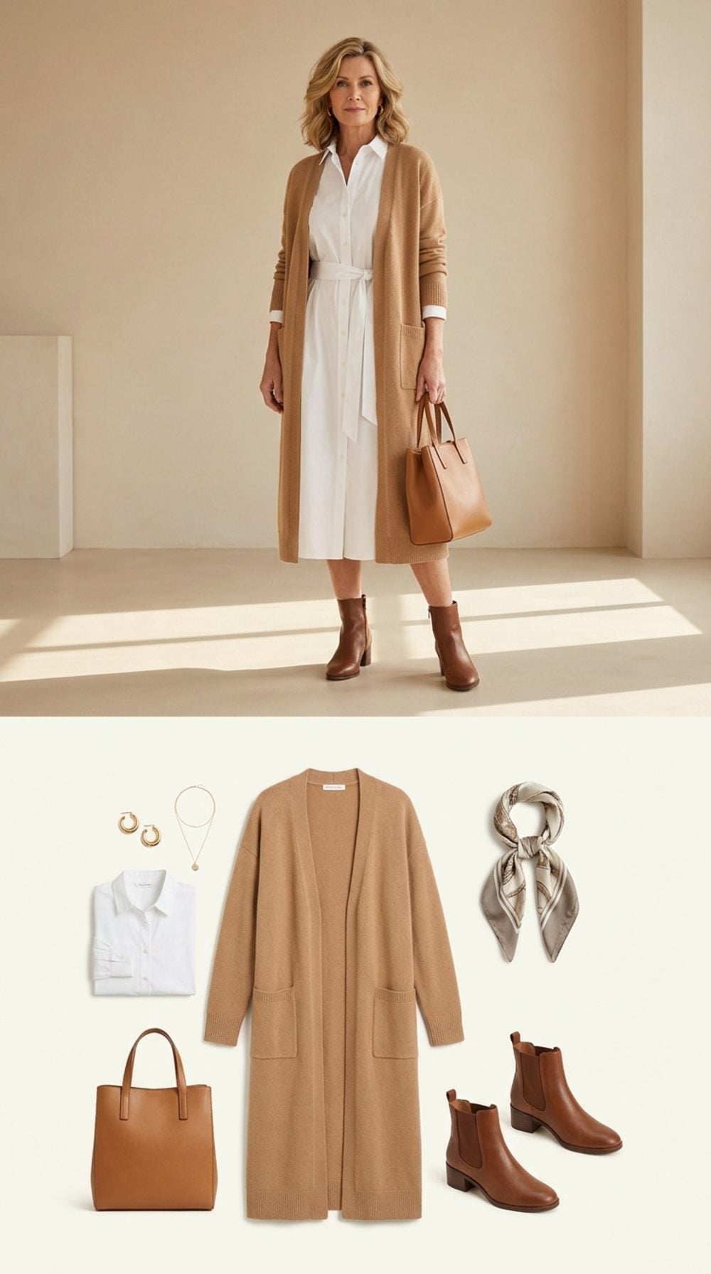 White Shirtdress Under a Camel Cardigan Is Quietly One of Fall's Best Combinations