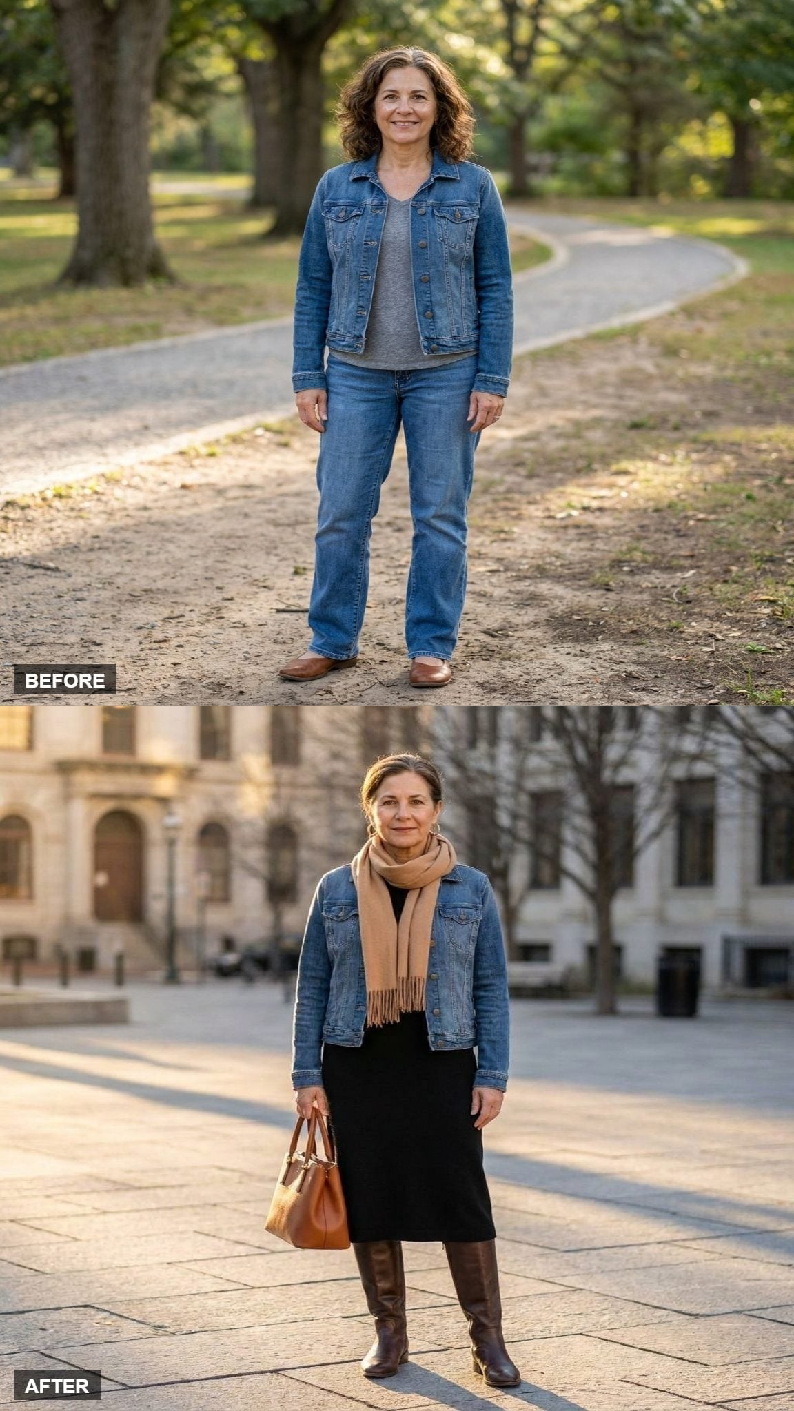 Black Midi Skirt, Knee Boots, and a Camel Scarf Make a Denim Jacket Look Polished