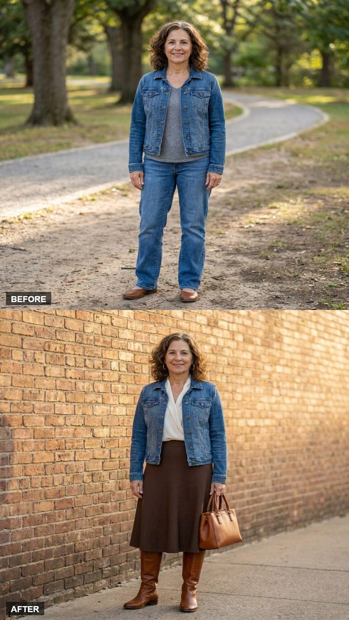 Brown Midi Skirt and Knee Boots Prove a Denim Jacket Can Look Like a Real Outfit