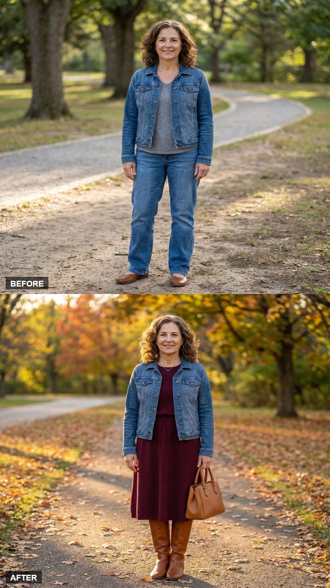 Burgundy Dress and Tall Boots Prove a Denim Jacket Has Range