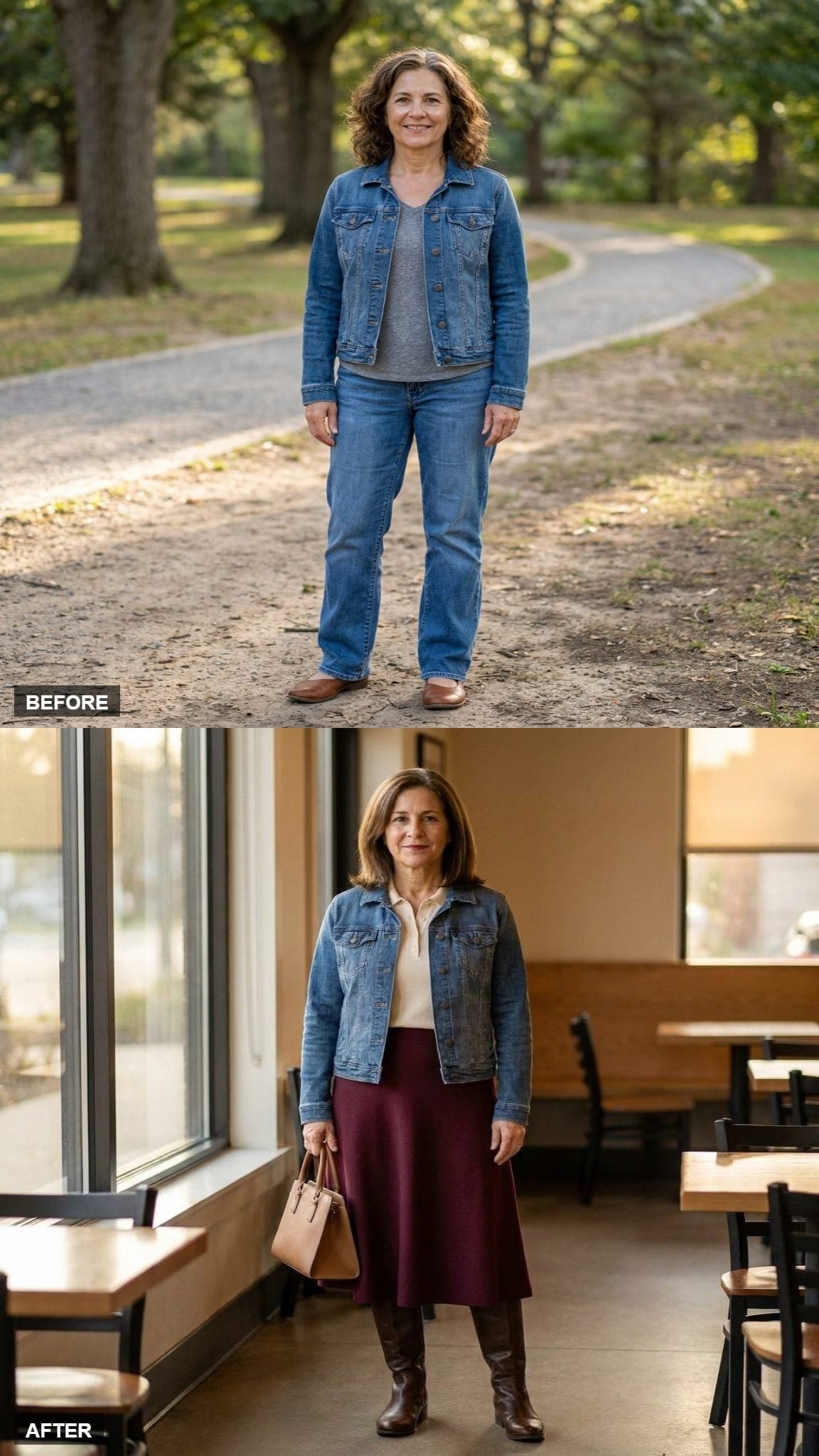 Burgundy Midi Skirt and Tall Boots Show What a Denim Jacket Can Really Do