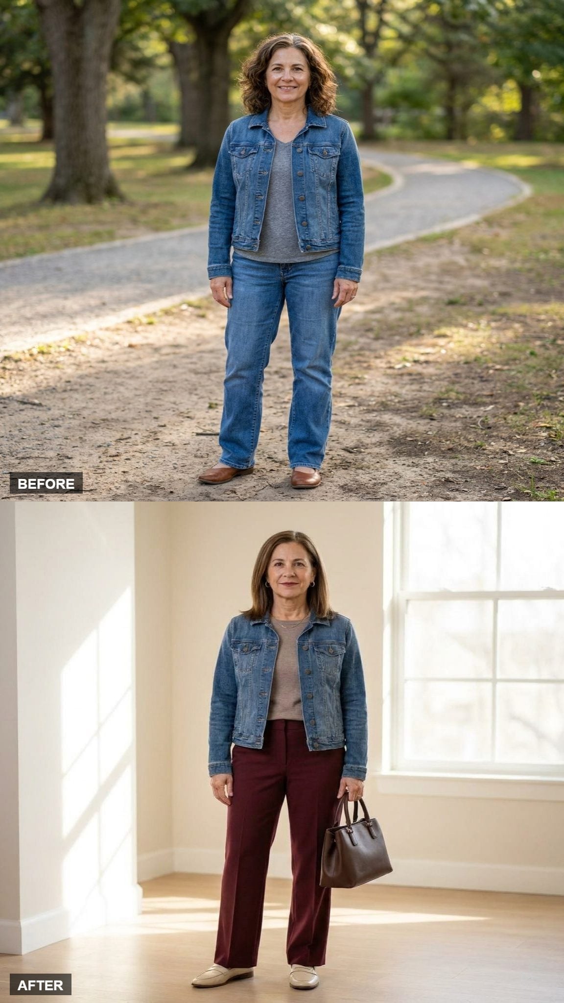 Burgundy Trousers and a Structured Bag Close the Denim Jacket's Fall Story Right