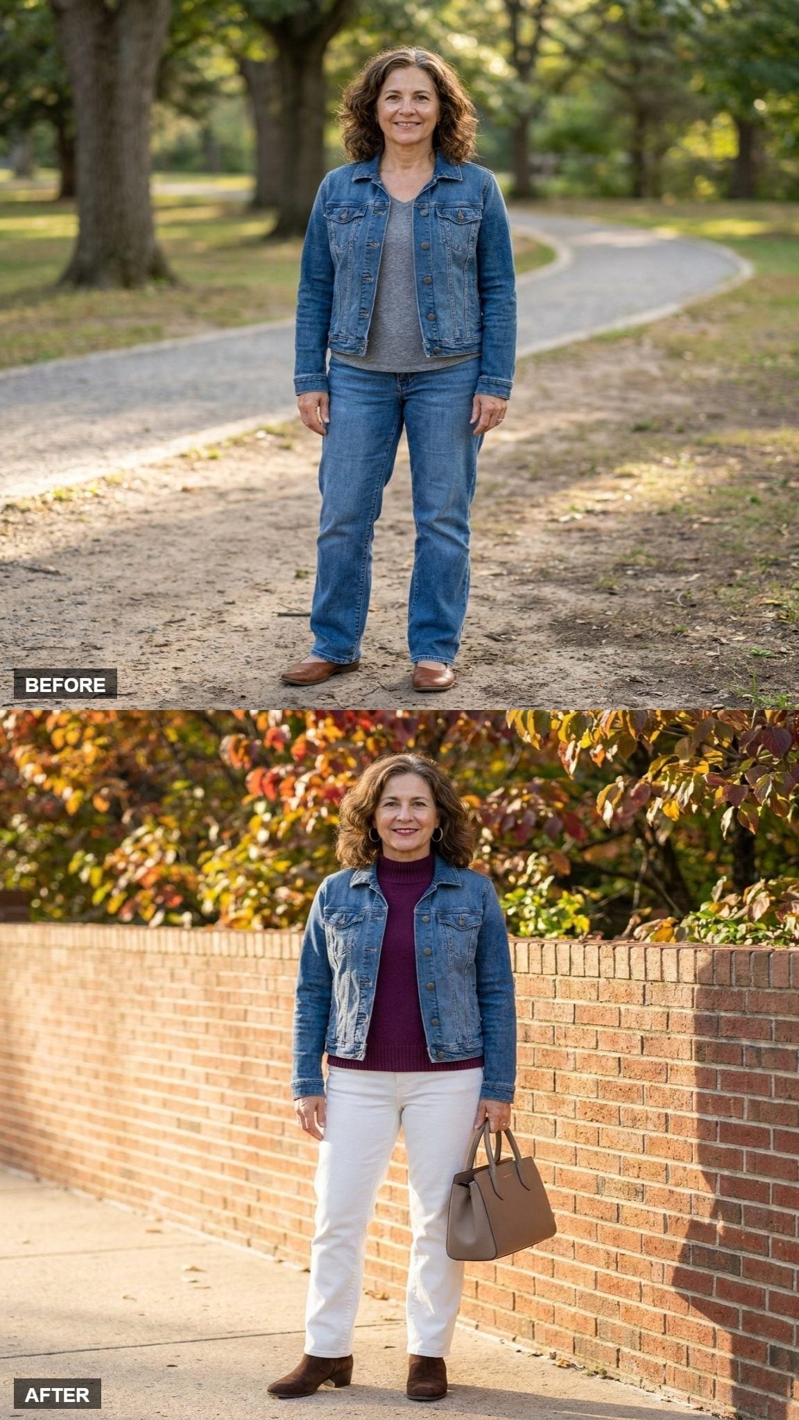 Burgundy Turtleneck and White Jeans Prove the Denim Jacket Has a Dressier Side