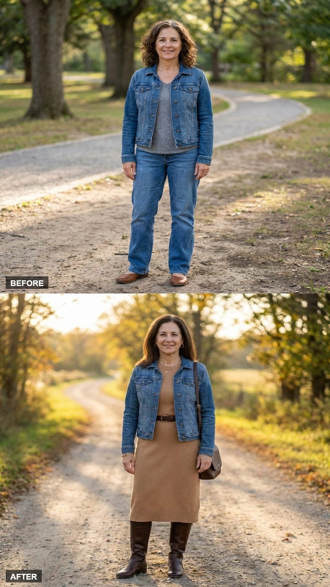 Camel Knit Dress and Tall Boots Show What a Denim Jacket Actually Does for Fall