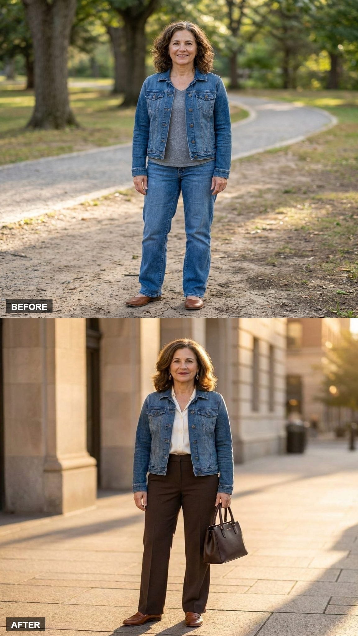 Chocolate Trousers and a White Shirt Show the Denim Jacket's Most Polished Street Moment