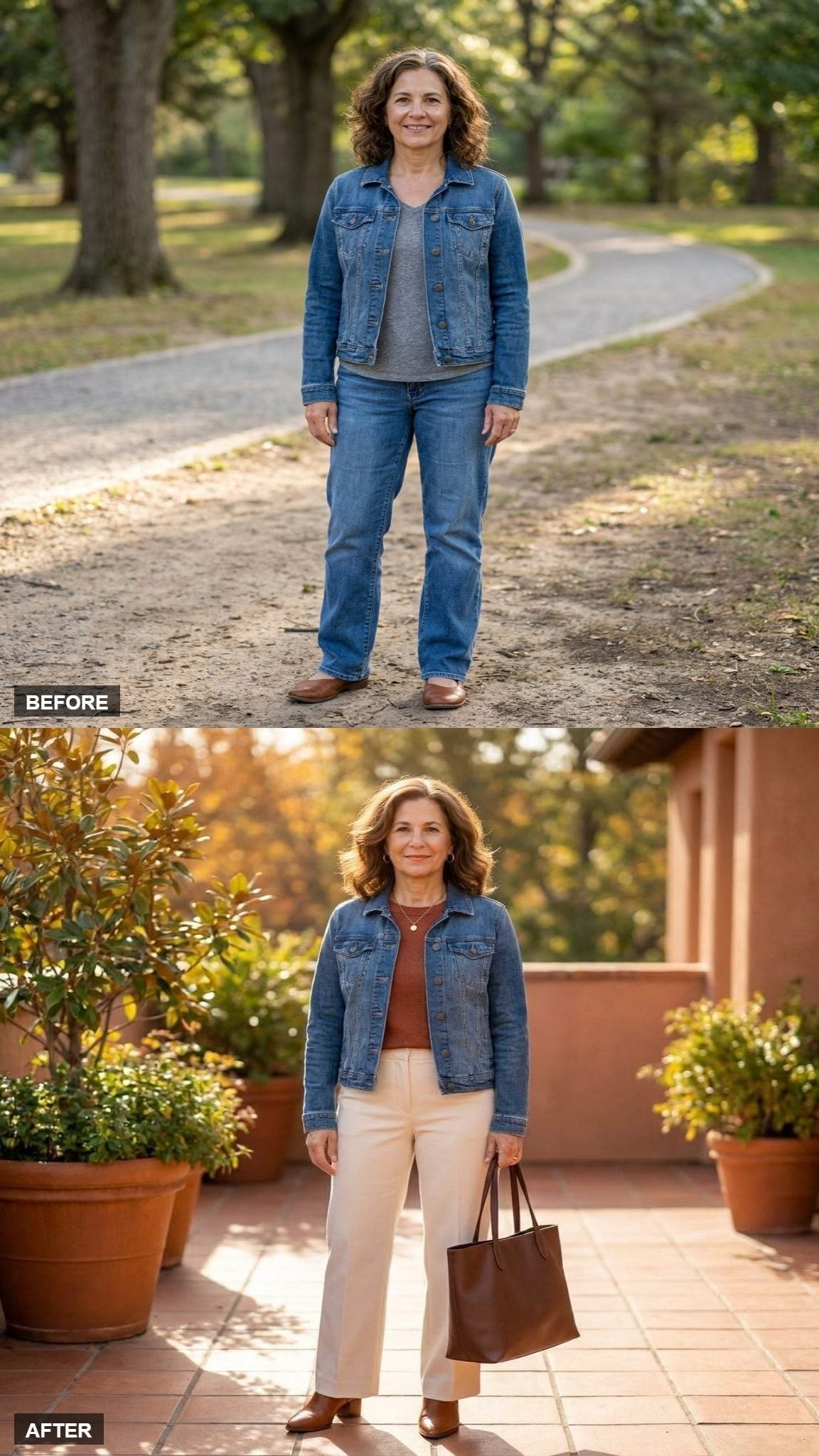 Cream Trousers and a Rust Tee Show How a Denim Jacket Gets Its Best Fall Outfit